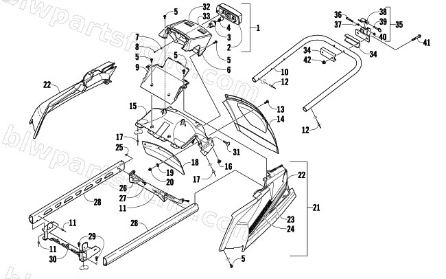 REAR BUMPER, HITCH, RACK RAIL, SNOWFLAP, AND TAILLIGHT ASSEMBLY diagram