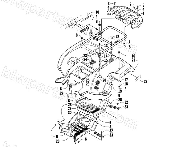REAR RACK, BODY PANEL, AND FOOTWELL ASSEMBLIES diagram