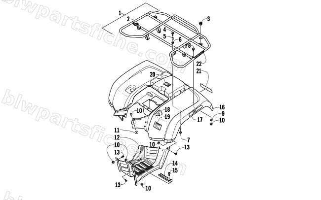REAR RACK, BODY PANEL, AND FOOTWELL ASSEMBLIES diagram