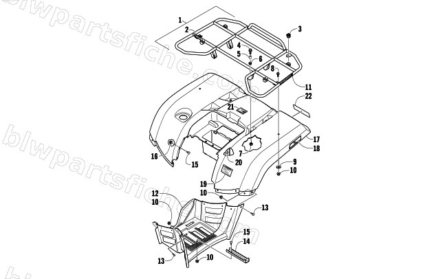 REAR RACK, BODY PANEL, AND FOOTWELL ASSEMBLIES diagram