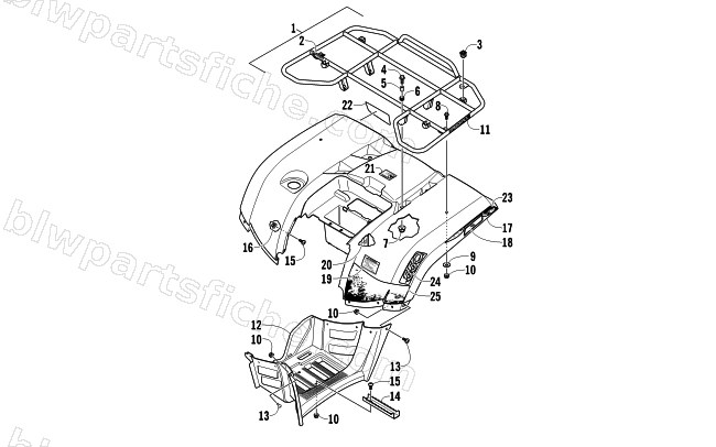 REAR RACK, BODY PANEL, AND FOOTWELL ASSEMBLIES diagram