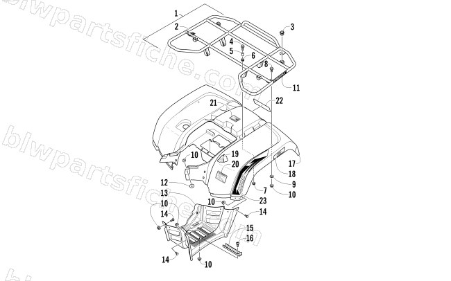 REAR RACK, BODY PANEL, AND FOOTWELL ASSEMBLIES diagram