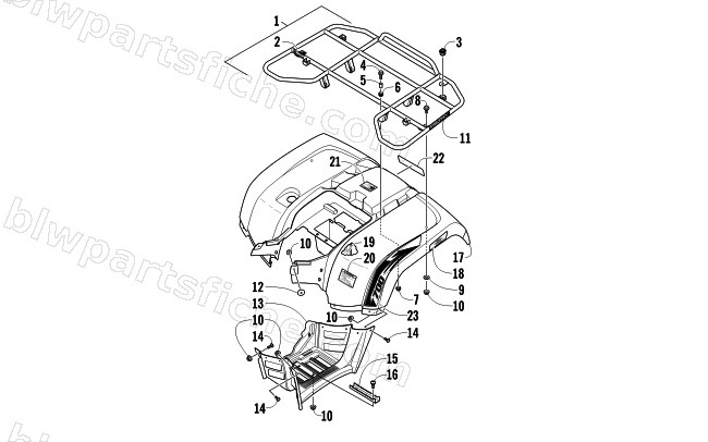 REAR RACK, BODY PANEL, AND FOOTWELL ASSEMBLIES diagram