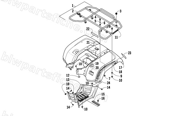 REAR RACK, BODY PANEL, AND FOOTWELL ASSEMBLIES diagram
