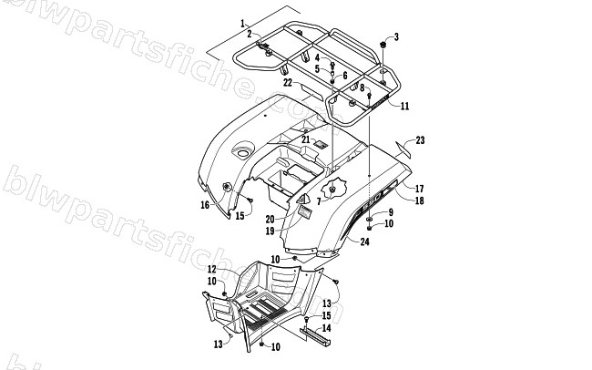REAR RACK, BODY PANEL, AND FOOTWELL ASSEMBLIES diagram