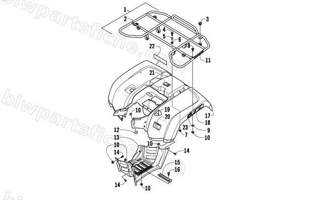 REAR RACK, BODY PANEL, AND FOOTWELL ASSEMBLIES diagram