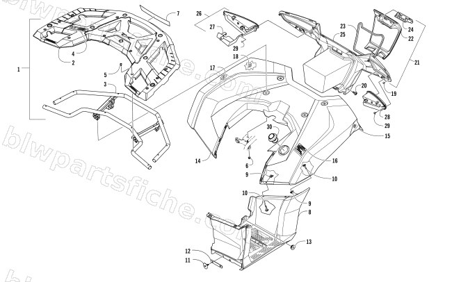 REAR RACK, BODY PANEL, FOOTWELL AND TAILLIGHT ASSEMBLIES diagram
