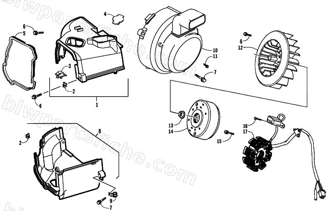 STATOR, FLYWHEEL, AND ENGINE SHROUD ASSEMBLIES diagram